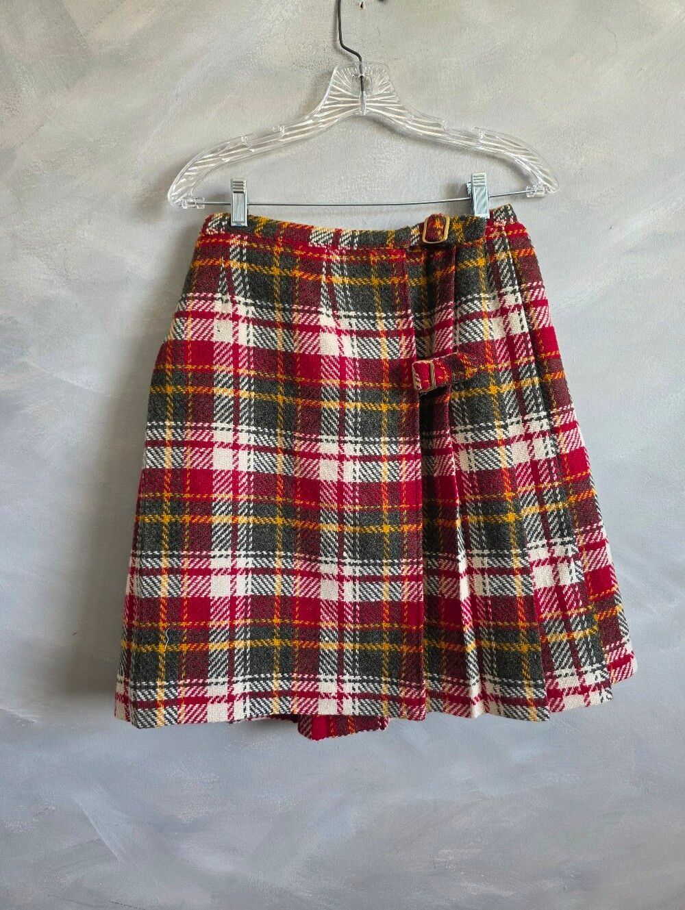 vintage 1960s tartan plaid wool skirt Wrap Kilt Red, grey, yellow check 11/12